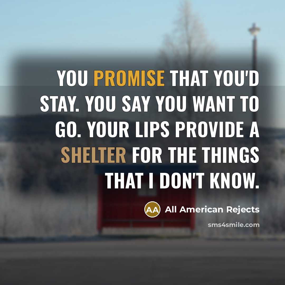 “You promise that you'd stay. You say you want to go. Your lips provide a shelter for the things that I don't know.” quote by All American Rejects