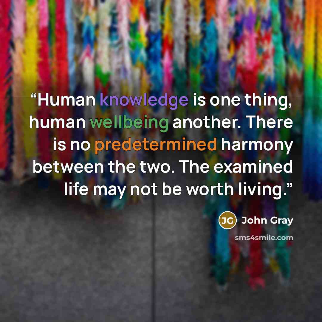 “Human knowledge is one thing, human wellbeing another. There is no predetermined harmony between the two. The examined life may not be worth living.” quote by John Gray