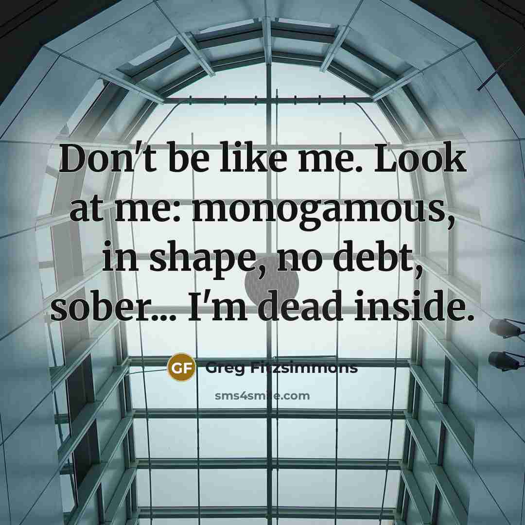 “Don't be like me. Look at me: monogamous, in shape, no debt, sober... I'm dead inside.” quote by Greg Fitzsimmons