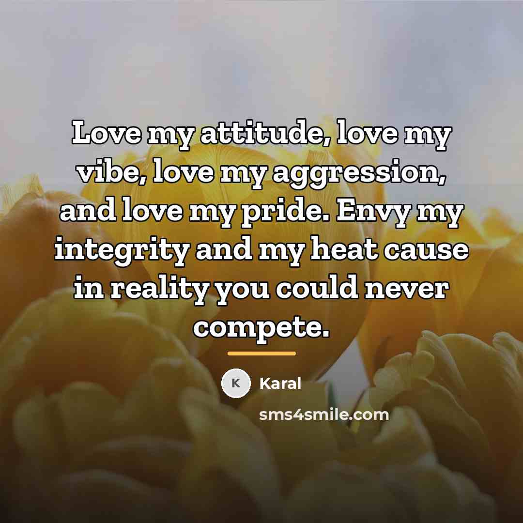 “Love my attitude, love my vibe, love my aggression, and…” quote by Karal