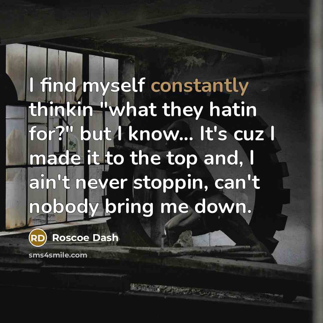 “I find myself constantly thinkin "what they hatin for?" but I know... It's cuz I made it to the top and, I ain't never stoppin, can't nobody bring me down.” quote by Roscoe Dash
