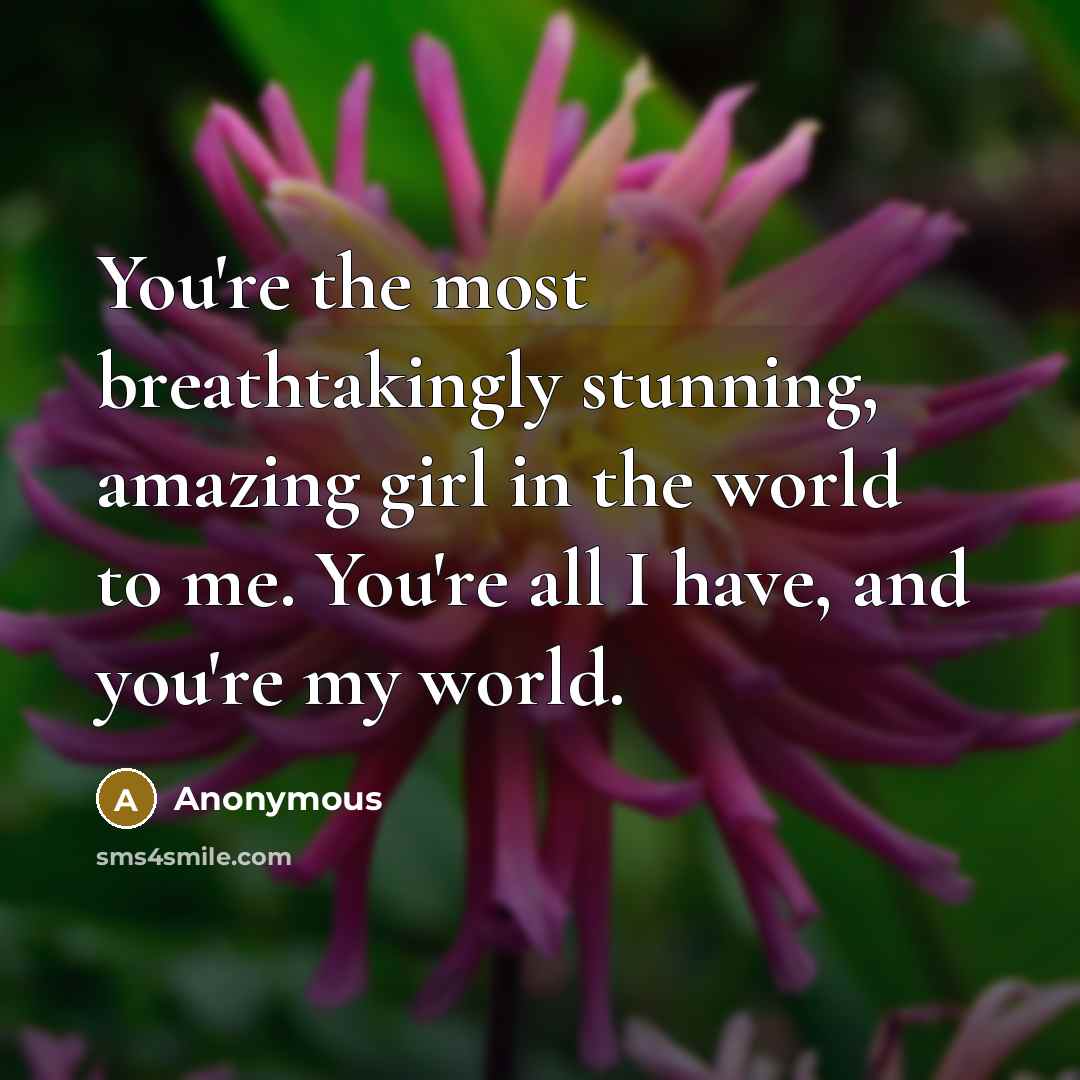 “You're the most breathtakingly stunning, amazing girl in the world to me. You're all I have, and you're my world.” quote by Anonymous