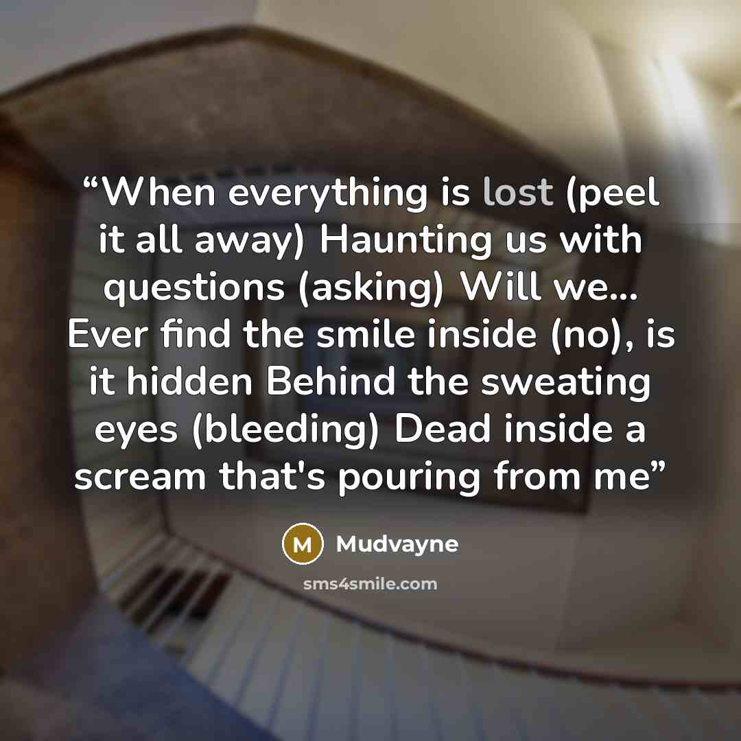 “When everything is lost (peel it all away) Haunting us with questions (asking) Will we... Ever find the smile inside (no), is it hidden Behind the sweating eyes (bleeding) Dead inside a scream that's pouring from me” quote by Mudvayne