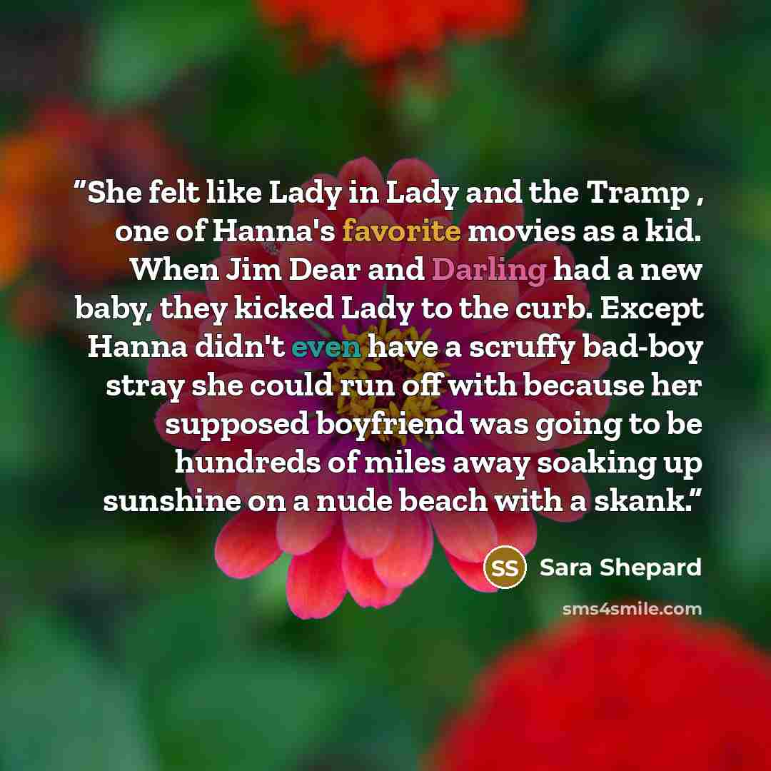 “She felt like Lady in Lady and the Tramp , one of Hanna's favorite movies as a kid. When Jim Dear and Darling had a new baby, they kicked Lady to the curb. Except Hanna didn't even have a scruffy bad-boy stray she could run off with because her supposed boyfriend was going to be hundreds of miles…” quote by Sara Shepard