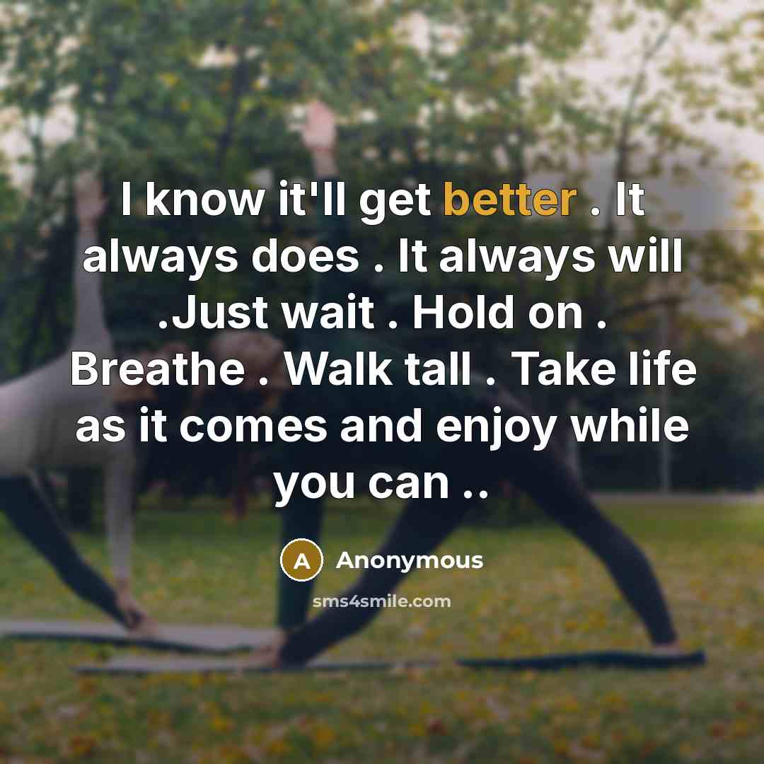 “I know it'll get better . It always does . It always will .Just wait . Hold on . Breathe . Walk tall . Take life as it comes and enjoy while you can ..” quote by Anonymous