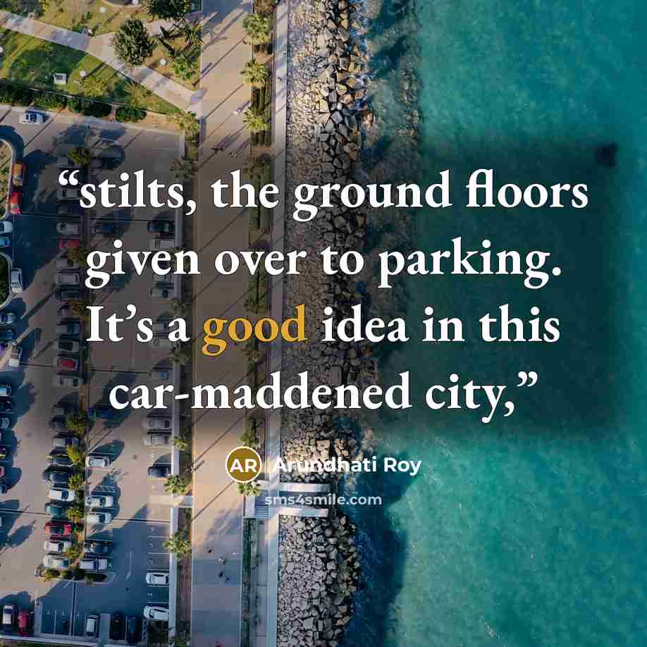 “stilts, the ground floors given over to parking. It’s a good idea in this car-maddened city,” quote by Arundhati Roy