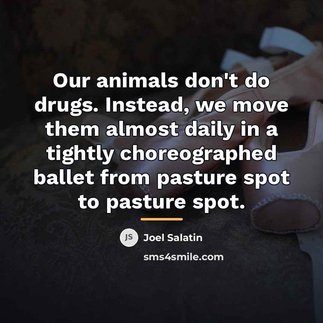 “Our animals don't do drugs. Instead, we move them almost…” quote by Joel Salatin