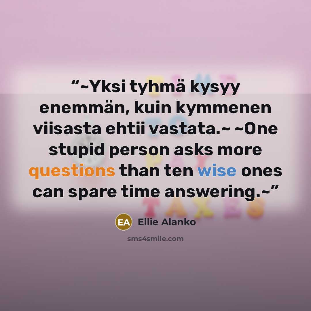 “~Yksi tyhmä kysyy enemmän, kuin kymmenen viisasta ehtii vastata.~ ~One stupid person asks more questions than ten wise ones can spare time answering.~” quote by Ellie Alanko