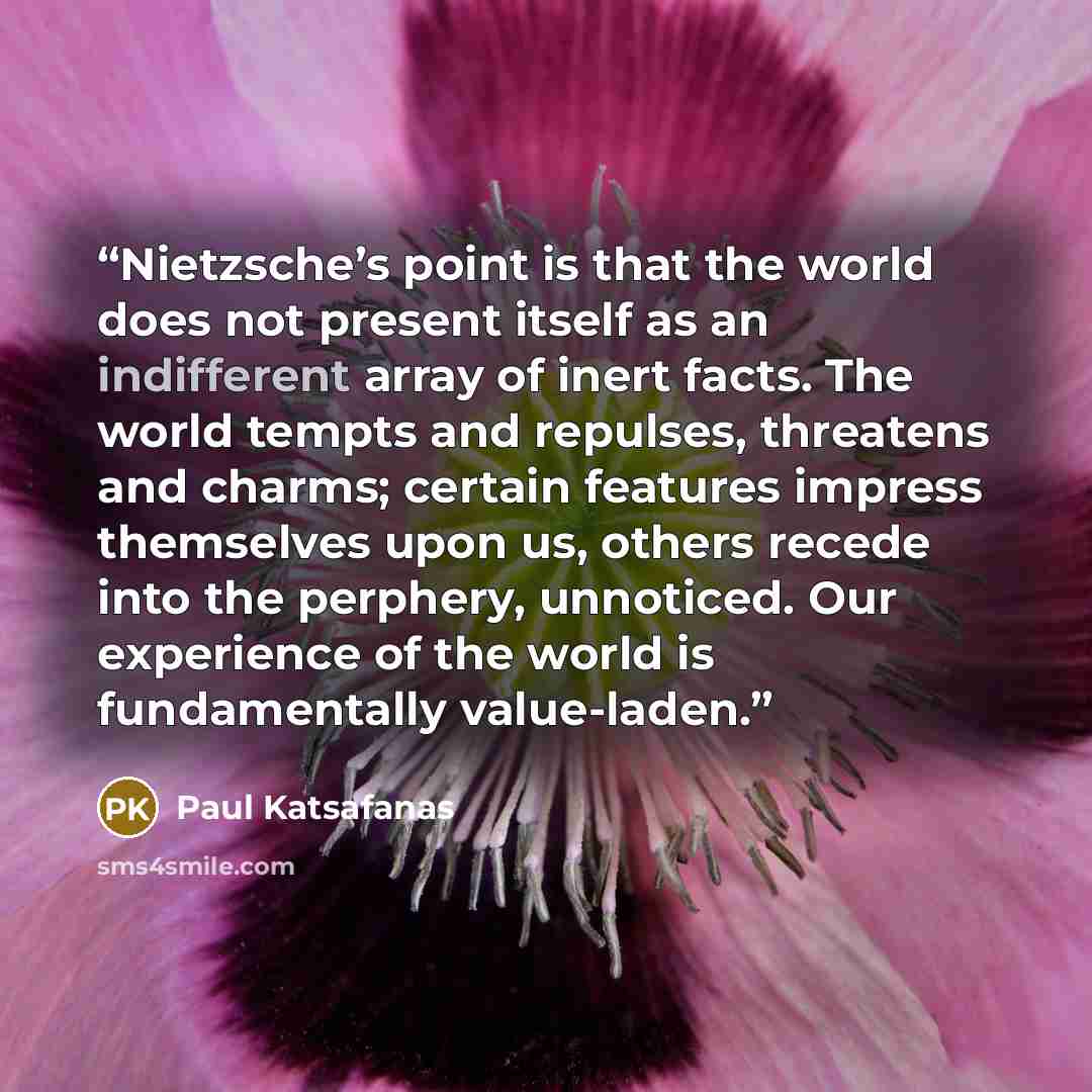“Nietzsche’s point is that the world does not present itself as an indifferent array of inert facts. The world tempts and repulses, threatens and charms; certain features impress themselves upon us, others recede into the perphery, unnoticed. Our experience of the world is fundamentally value-laden.” quote by Paul Katsafanas