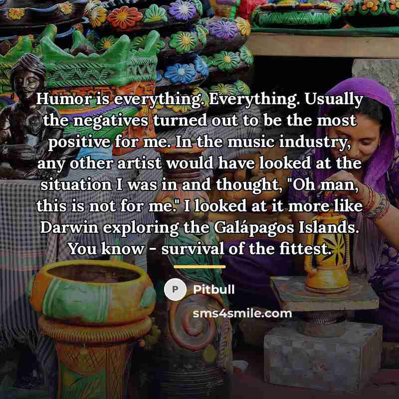 “Humor is everything. Everything. Usually the negatives turned out to…” quote by Pitbull