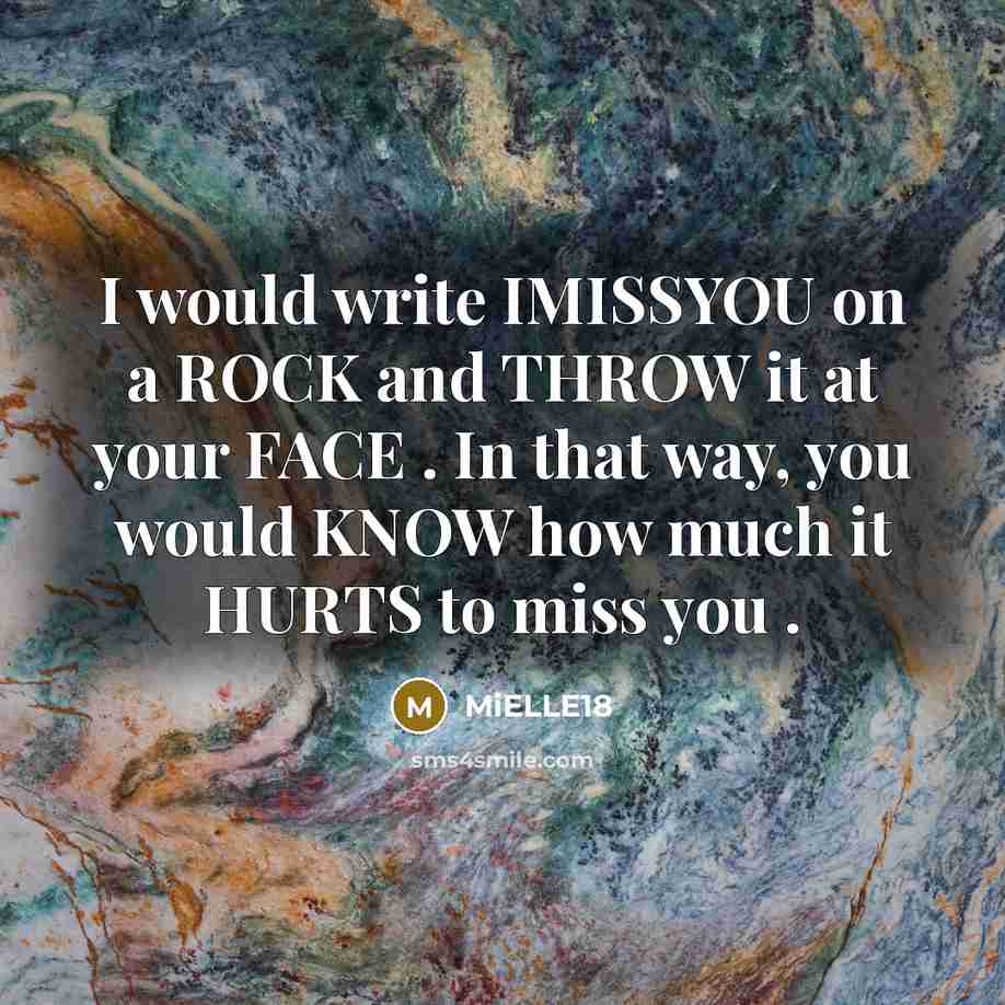 “I would write IMISSYOU on a ROCK and THROW it at your FACE . In that way, you would KNOW how much it HURTS to miss you .” quote by MiELLE18