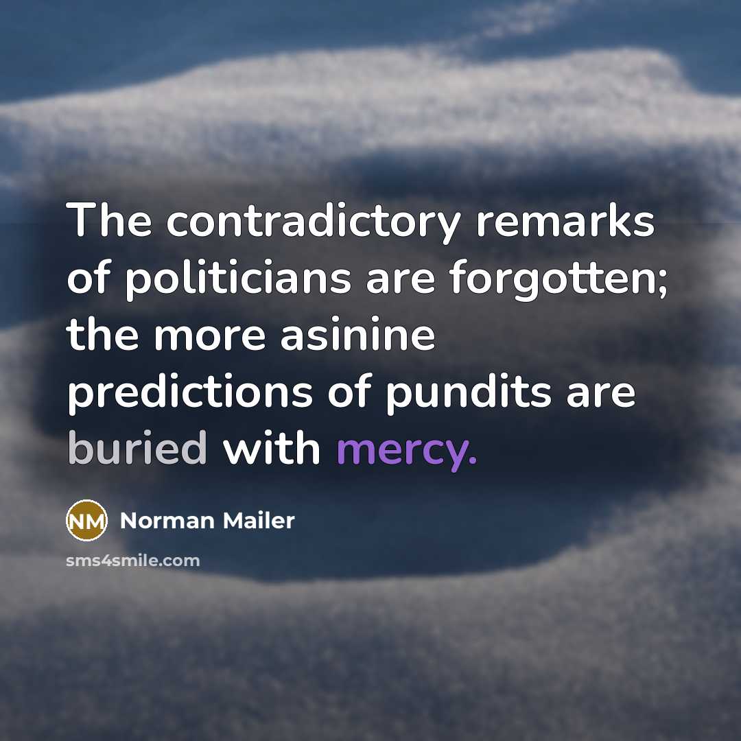 “The contradictory remarks of politicians are forgotten; the more asinine…” quote by Norman Mailer