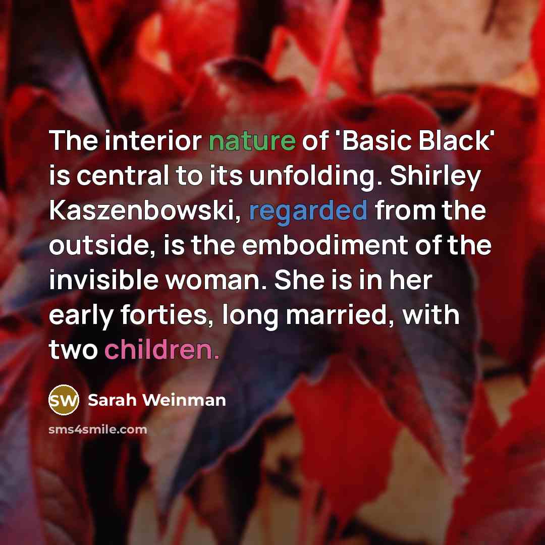 “The interior nature of 'Basic Black' is central to its unfolding. Shirley Kaszenbowski, regarded from the outside, is the embodiment of the invisible woman. She is in her early forties, long married, with two children.” quote by Sarah Weinman