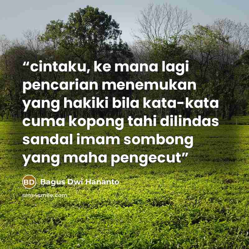 “cintaku, ke mana lagi pencarian menemukan yang hakiki bila kata-kata cuma kopong tahi dilindas sandal imam sombong yang maha pengecut” quote by Bagus Dwi Hananto