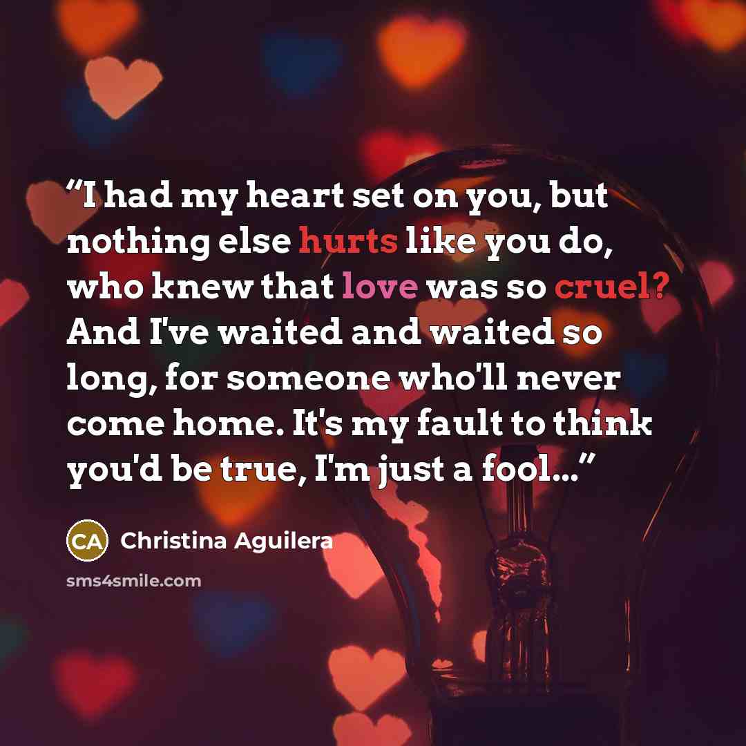 “I had my heart set on you, but nothing else hurts like you do, who knew that love was so cruel? And I've waited and waited so long, for someone who'll never come home. It's my fault to think you'd be true, I'm just a fool...” quote by Christina Aguilera