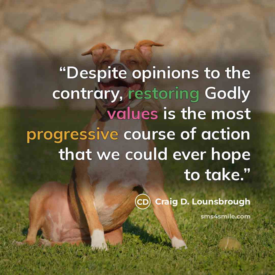 “Despite opinions to the contrary, restoring Godly values is the most progressive course of action that we could ever hope to take.” quote by Craig D. Lounsbrough
