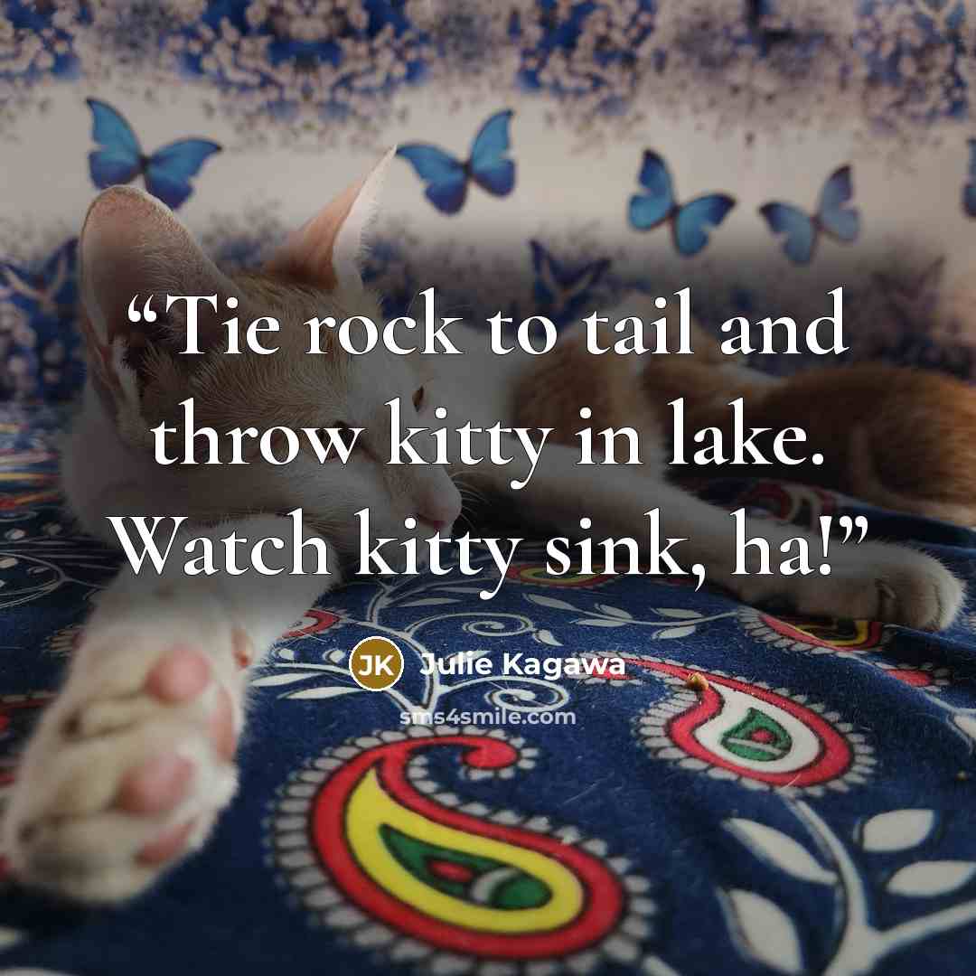 “Tie rock to tail and throw kitty in lake. Watch kitty sink, ha!” quote by Julie Kagawa