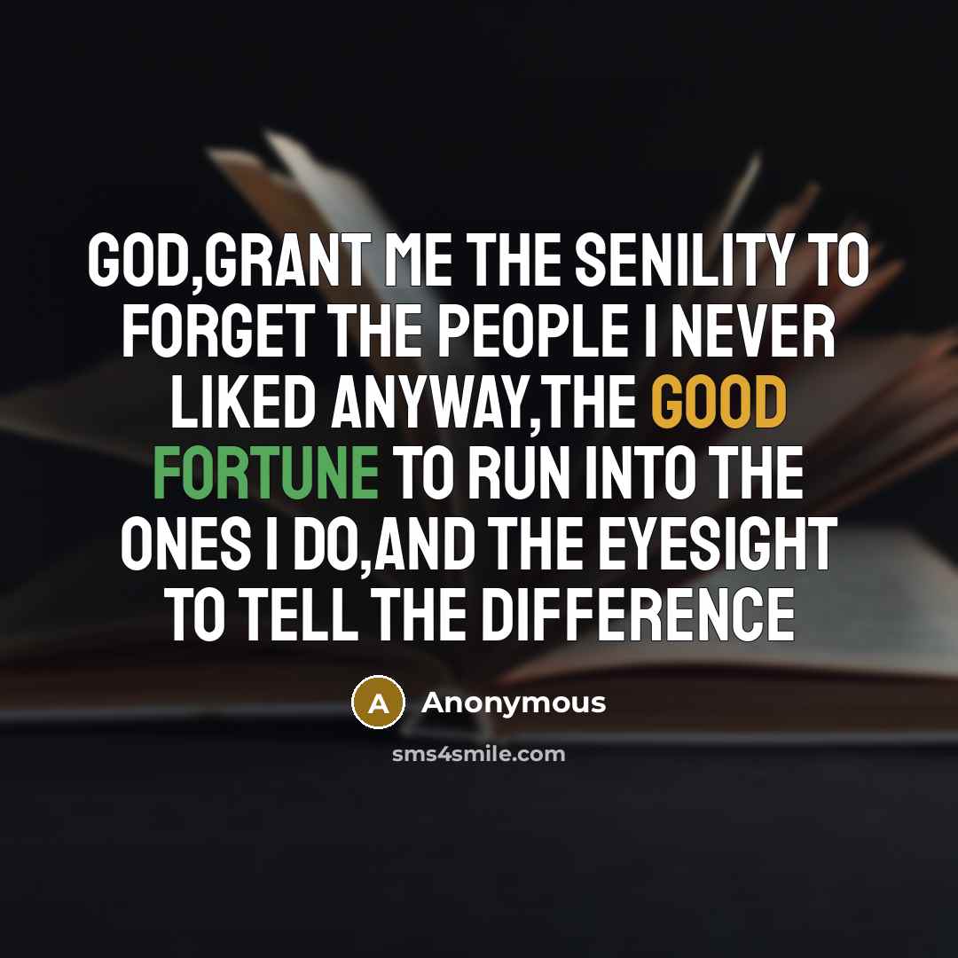“God,grant me the Senility to forget the people I never liked anyway,the good fortune to run into the ones I do,and the eyesight to tell the difference” quote by Anonymous