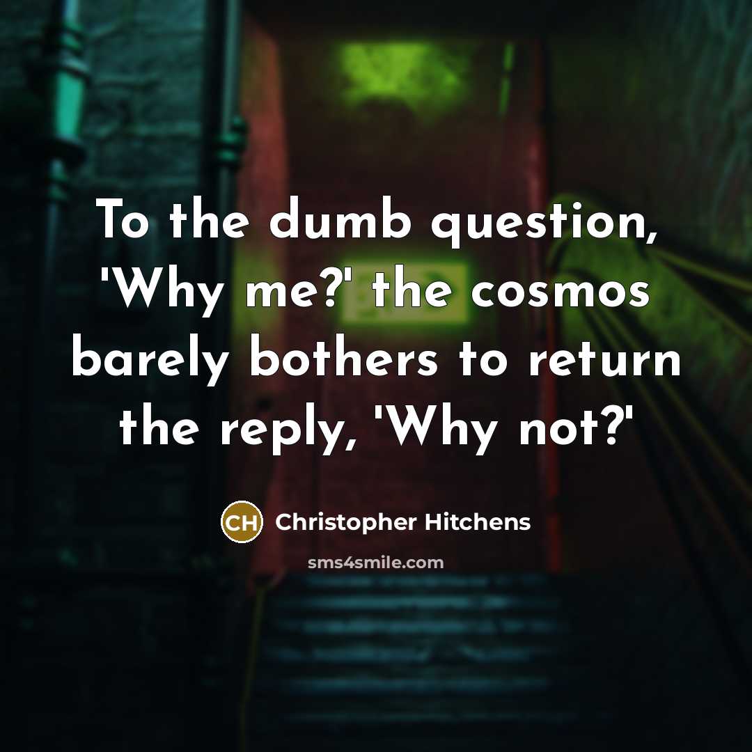 “To the dumb question, 'Why me?' the cosmos barely bothers…” quote by Christopher Hitchens