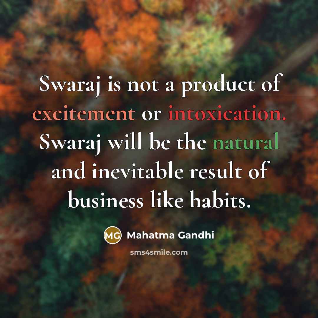“Swaraj is not a product of excitement or intoxication. Swaraj…” quote by Mahatma Gandhi