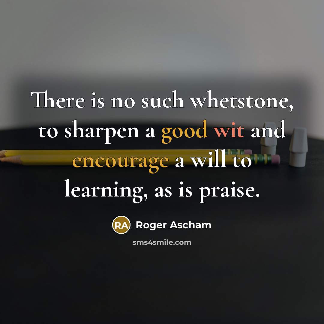 “There is no such whetstone, to sharpen a good wit and encourage a will to learning, as is praise.” quote by Roger Ascham