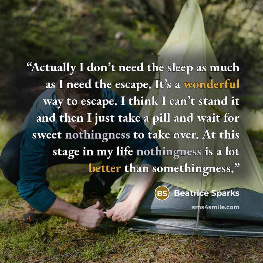 “Actually I don’t need the sleep as much as I need the escape. It’s a wonderful way to escape. I think I can’t stand it and then I just take a pill and wait for sweet nothingness to take over. At this stage in my life nothingness is a lot better than somethingness.” quote by Beatrice Sparks