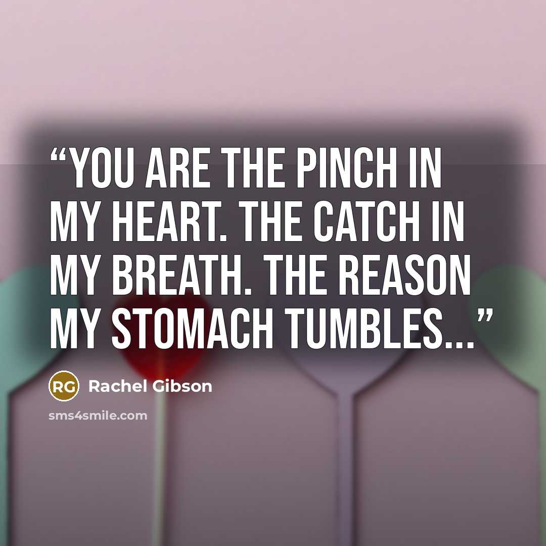 “You are the pinch in my heart. The catch in my breath. The reason my stomach tumbles...” quote by Rachel Gibson
