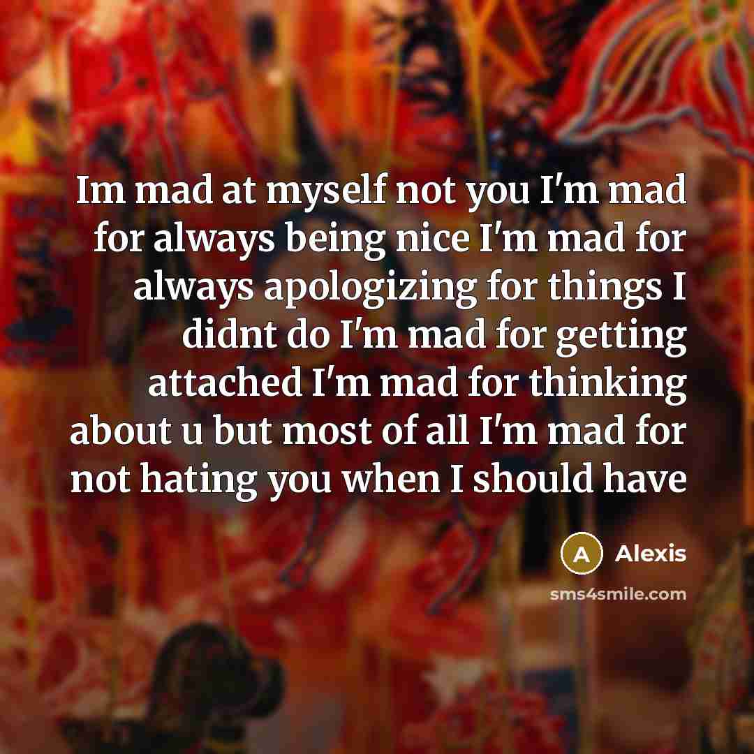 “Im mad at myself not you I'm mad for always being nice I'm mad for always apologizing for things I didnt do I'm mad for getting attached I'm mad for thinking about u but most of all I'm mad for not hating you when I should have” quote by Alexis