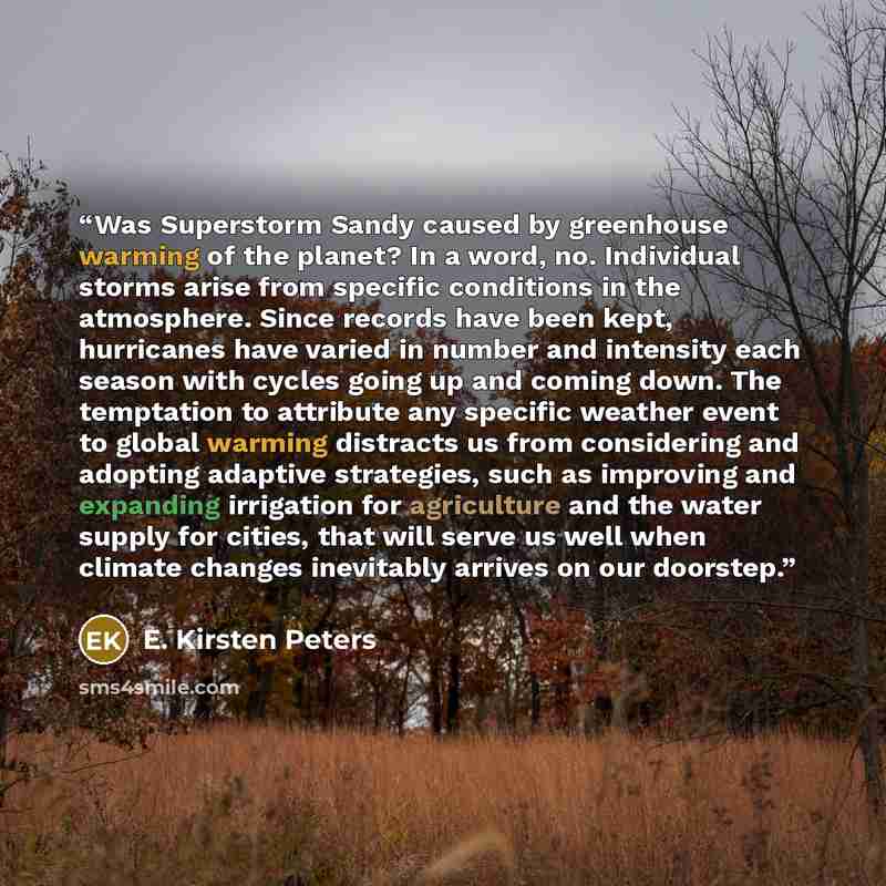 “Was Superstorm Sandy caused by greenhouse warming of the planet? In a word, no. Individual storms arise from specific conditions in the atmosphere. Since records have been kept, hurricanes have varied in number and intensity each season with cycles going up and coming down. The temptation to…” quote by E. Kirsten Peters