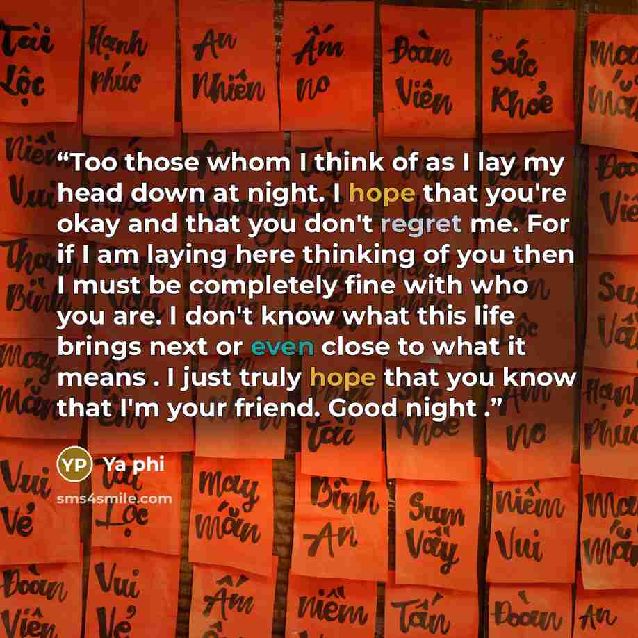 “Too those whom I think of as I lay my head down at night. I hope that you're okay and that you don't regret me. For if I am laying here thinking of you then I must be completely fine with who you are. I don't know what this life brings next or even close to what it means . I just truly hope that…” quote by Ya phi