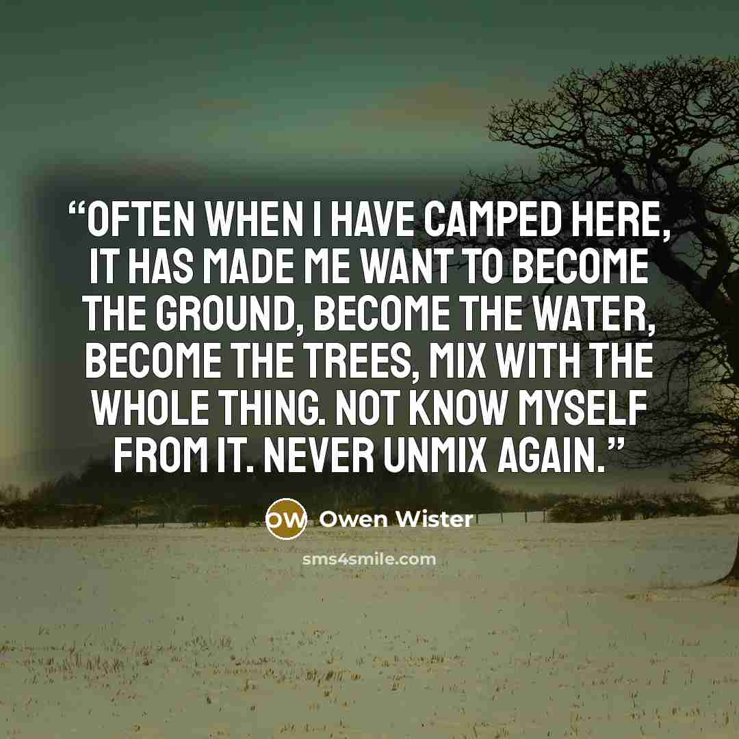 “Often when I have camped here, it has made me want to become the ground, become the water, become the trees, mix with the whole thing. Not know myself from it. Never unmix again.” quote by Owen Wister
