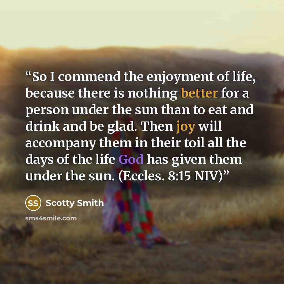“So I commend the enjoyment of life, because there is nothing better for a person under the sun than to eat and drink and be glad. Then joy will accompany them in their toil all the days of the life God has given them under the sun. (Eccles. 8:15 NIV)” quote by Scotty Smith