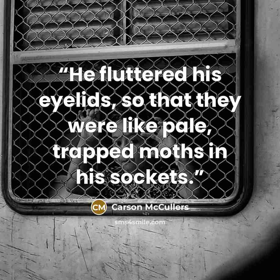 “He fluttered his eyelids, so that they were like pale, trapped moths in his sockets.” quote by Carson McCullers