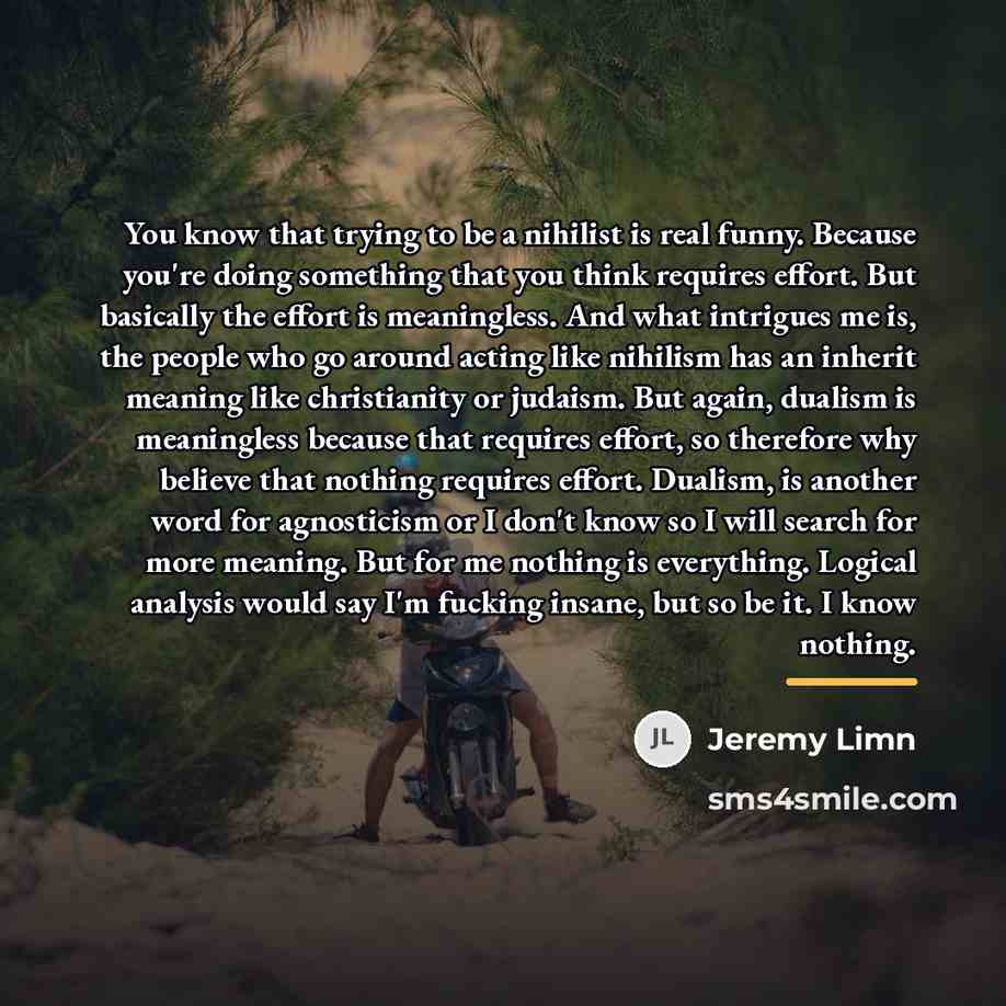 “You know that trying to be a nihilist is real…” quote by Jeremy Limn