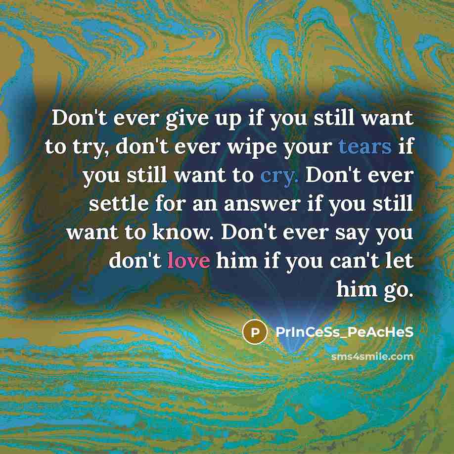 “Don't ever give up if you still want to try, don't ever wipe your tears if you still want to cry. Don't ever settle for an answer if you still want to know. Don't ever say you don't love him if you can't let him go.” quote by PrInCeSs_PeAcHeS
