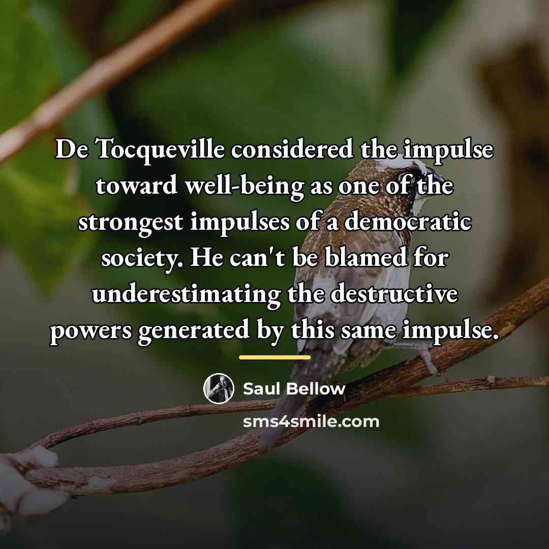 “De Tocqueville considered the impulse toward well-being as one of…” quote by Saul Bellow
