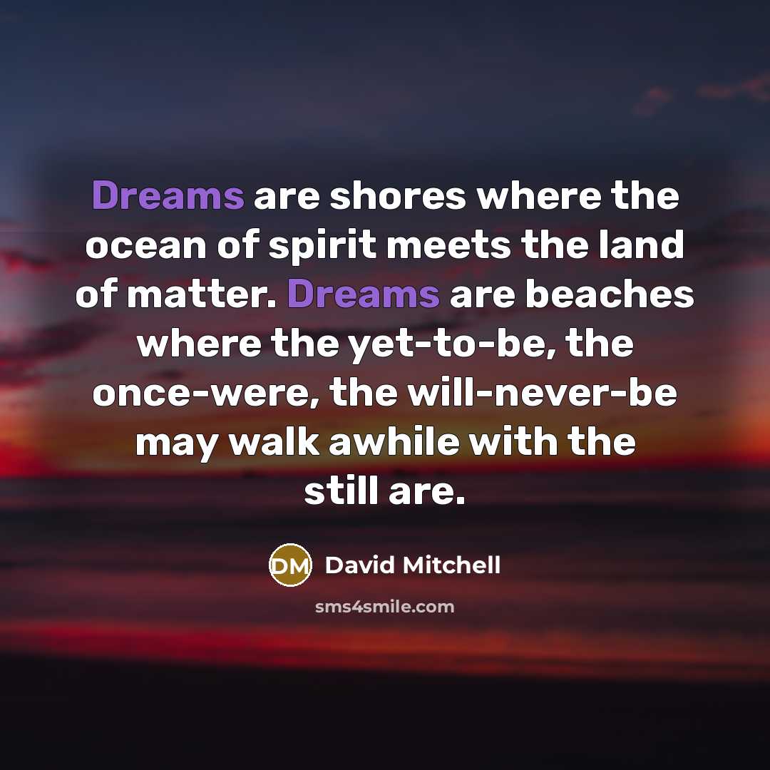 “Dreams are shores where the ocean of spirit meets the…” quote by David Mitchell