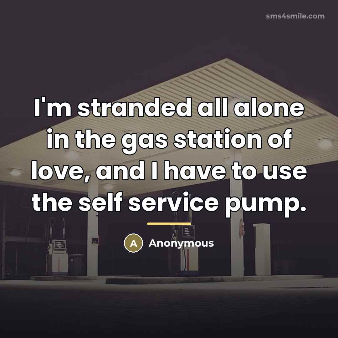 “I'm stranded all alone in the gas station of love,…” quote by Anonymous