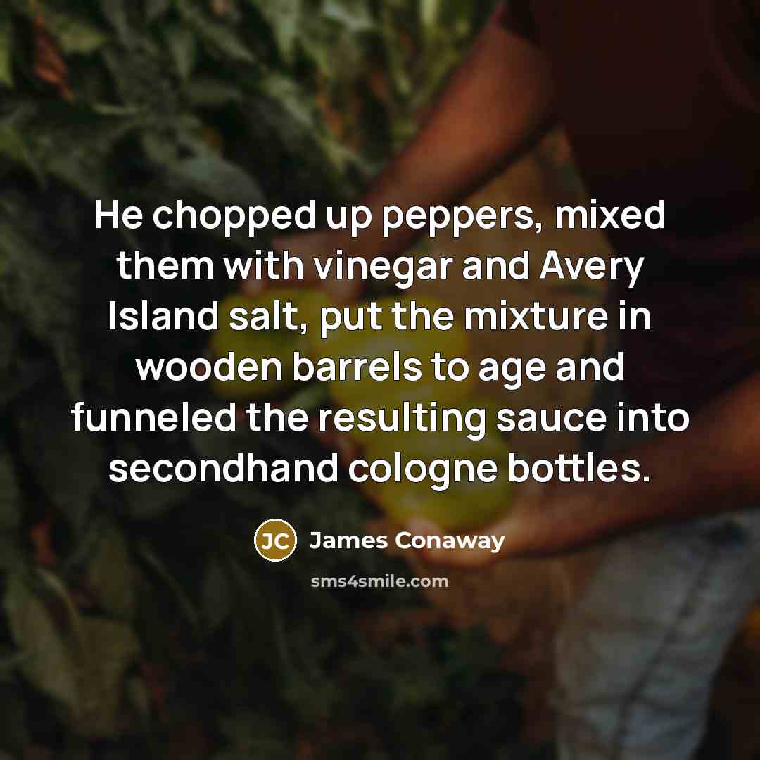“He chopped up peppers, mixed them with vinegar and Avery Island salt, put the mixture in wooden barrels to age and funneled the resulting sauce into secondhand cologne bottles.” quote by James Conaway