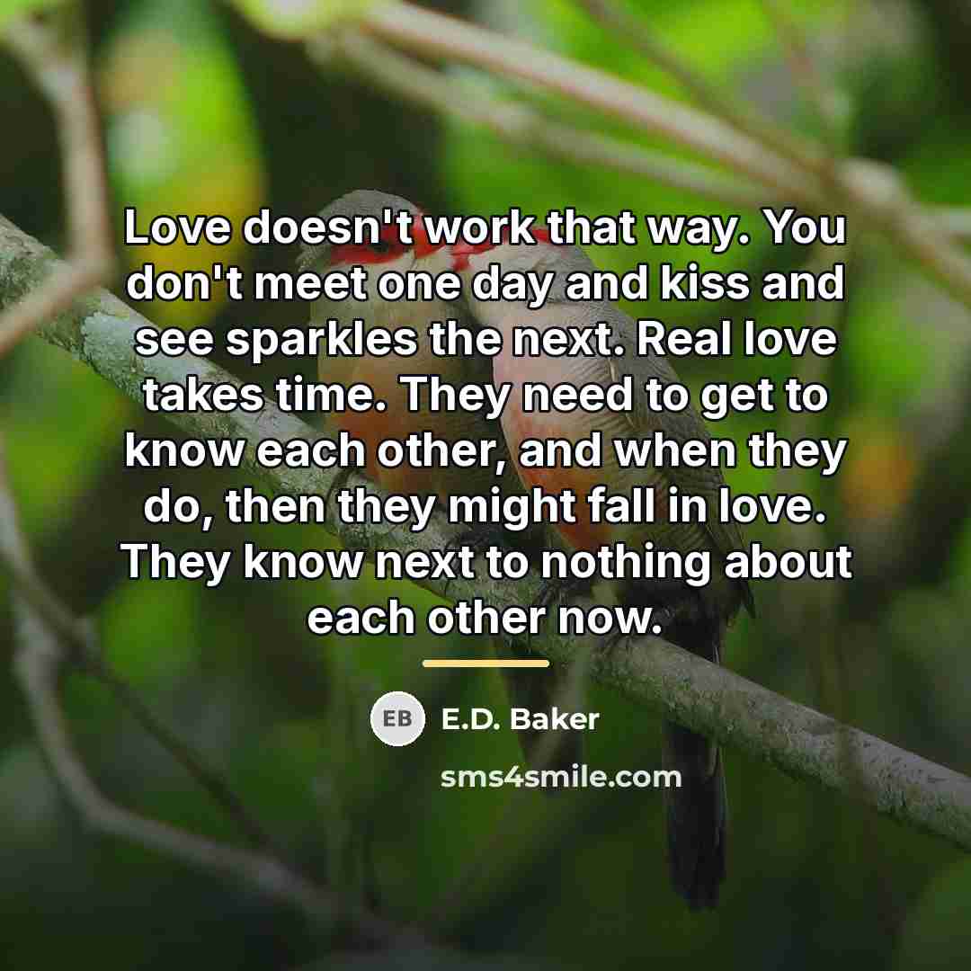 “Love doesn't work that way. You don't meet one day…” quote by E.D. Baker