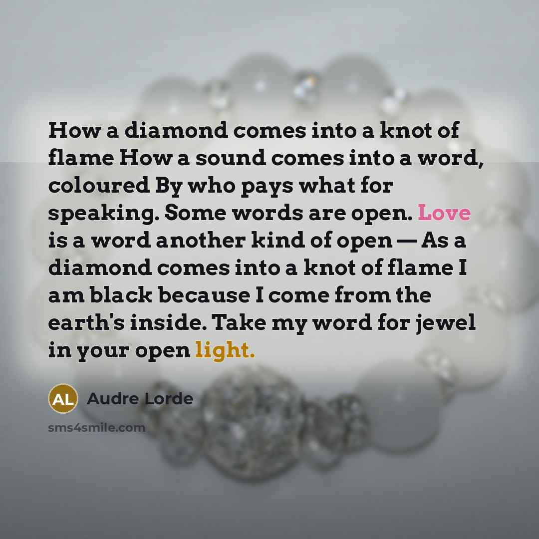 “How a diamond comes into a knot of flame How a sound comes into a word, coloured By who pays what for speaking. Some words are open. Love is a word another kind of open — As a diamond comes into a knot of flame I am black because I come from the earth's inside. Take my word for jewel in your open…” quote by Audre Lorde