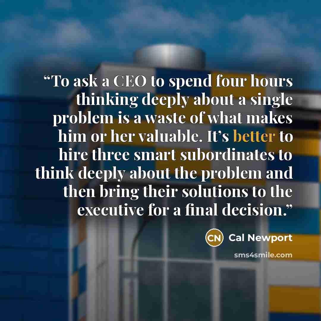 “To ask a CEO to spend four hours thinking deeply about a single problem is a waste of what makes him or her valuable. It’s better to hire three smart subordinates to think deeply about the problem and then bring their solutions to the executive for a final decision.” quote by Cal Newport