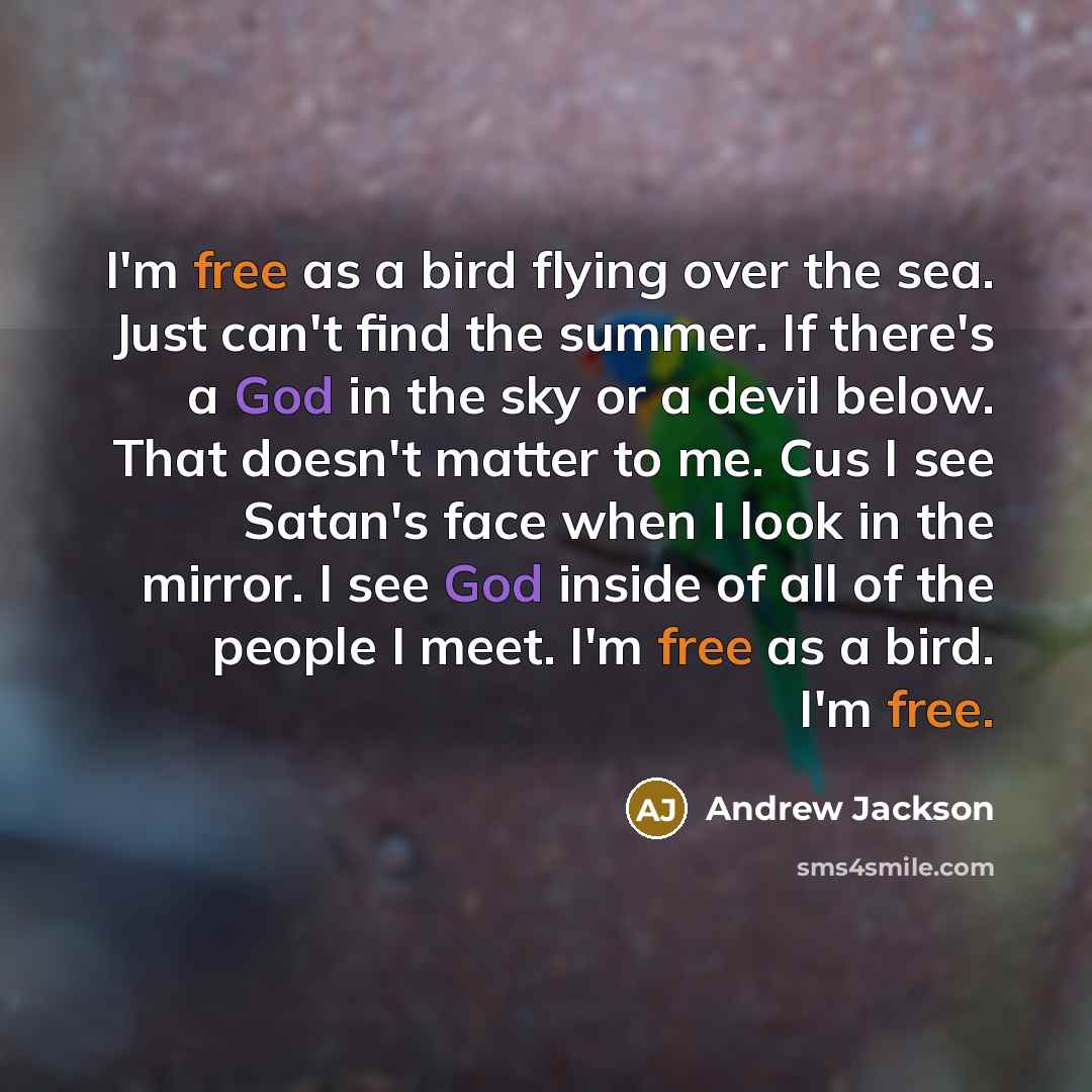 “I'm free as a bird flying over the sea. Just can't find the summer. If there's a God in the sky or a devil below. That doesn't matter to me. Cus I see Satan's face when I look in the mirror. I see God inside of all of the people I meet. I'm free as a bird. I'm free.” quote by Andrew Jackson