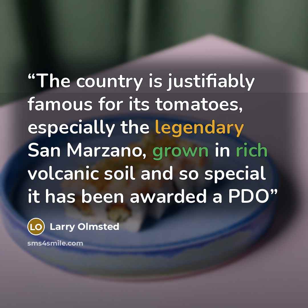 “The country is justifiably famous for its tomatoes, especially the legendary San Marzano, grown in rich volcanic soil and so special it has been awarded a PDO” quote by Larry Olmsted