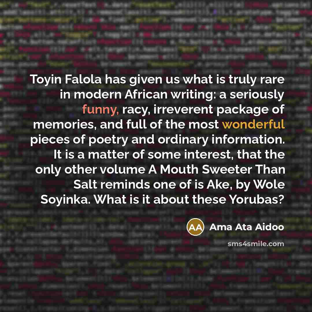 “Toyin Falola has given us what is truly rare in…” quote by Ama Ata Aidoo