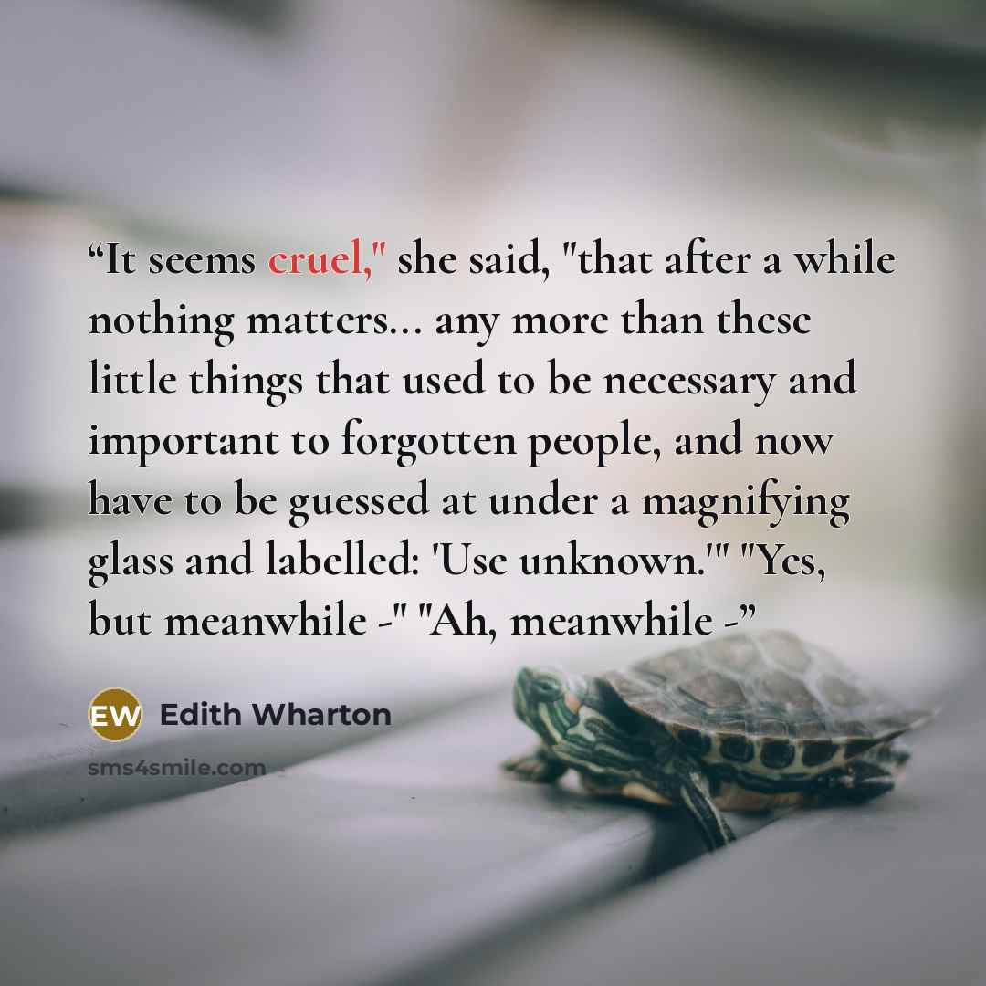 “It seems cruel," she said, "that after a while nothing matters... any more than these little things that used to be necessary and important to forgotten people, and now have to be guessed at under a magnifying glass and labelled: 'Use unknown.'" "Yes, but meanwhile -" "Ah, meanwhile -” quote by Edith Wharton