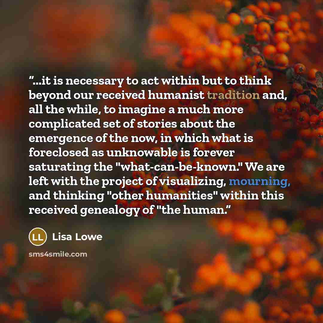 “...it is necessary to act within but to think beyond our received humanist tradition and, all the while, to imagine a much more complicated set of stories about the emergence of the now, in which what is foreclosed as unknowable is forever saturating the "what-can-be-known." We are left with the…” quote by Lisa Lowe
