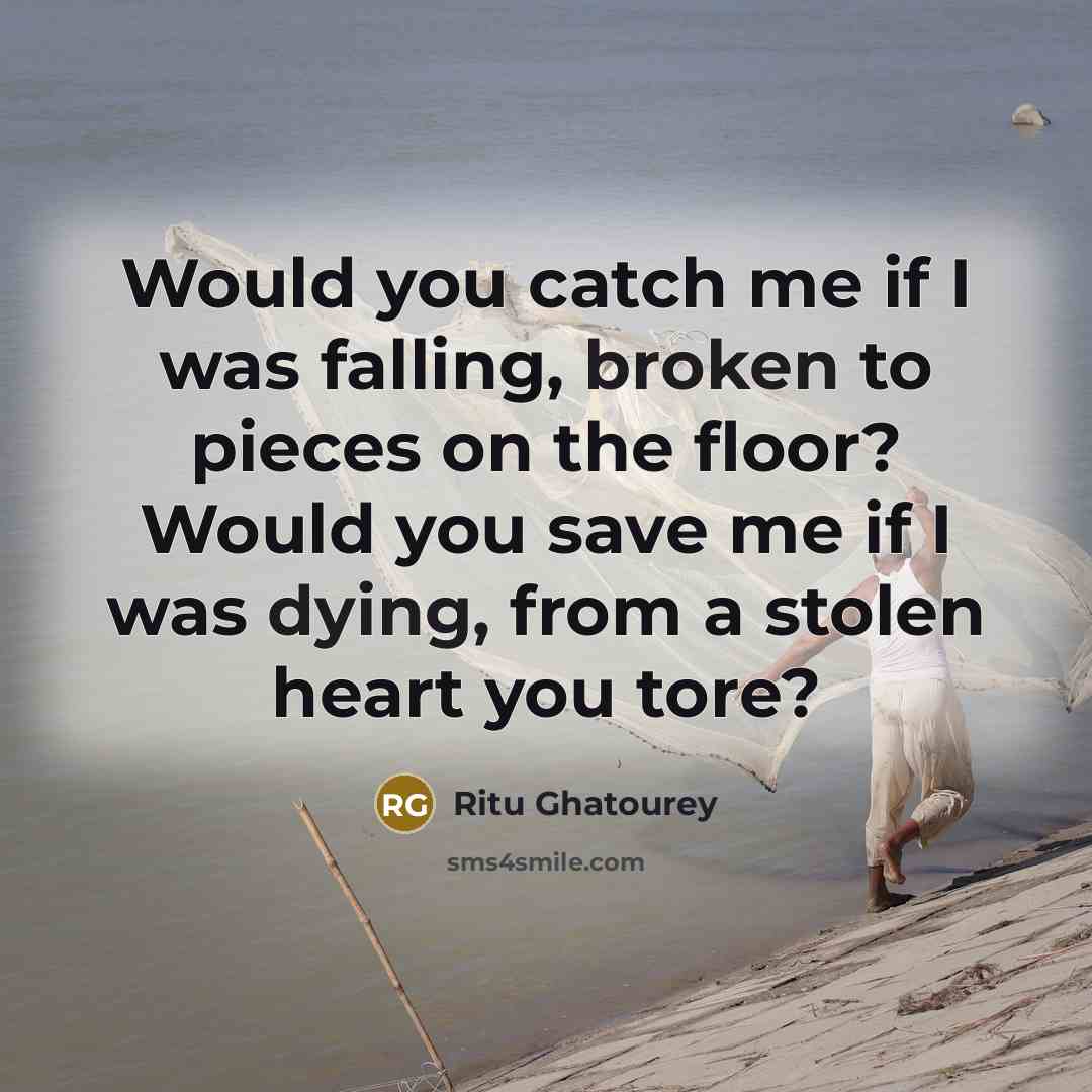 “Would you catch me if I was falling, broken to pieces on the floor? Would you save me if I was dying, from a stolen heart you tore?” quote by Ritu Ghatourey