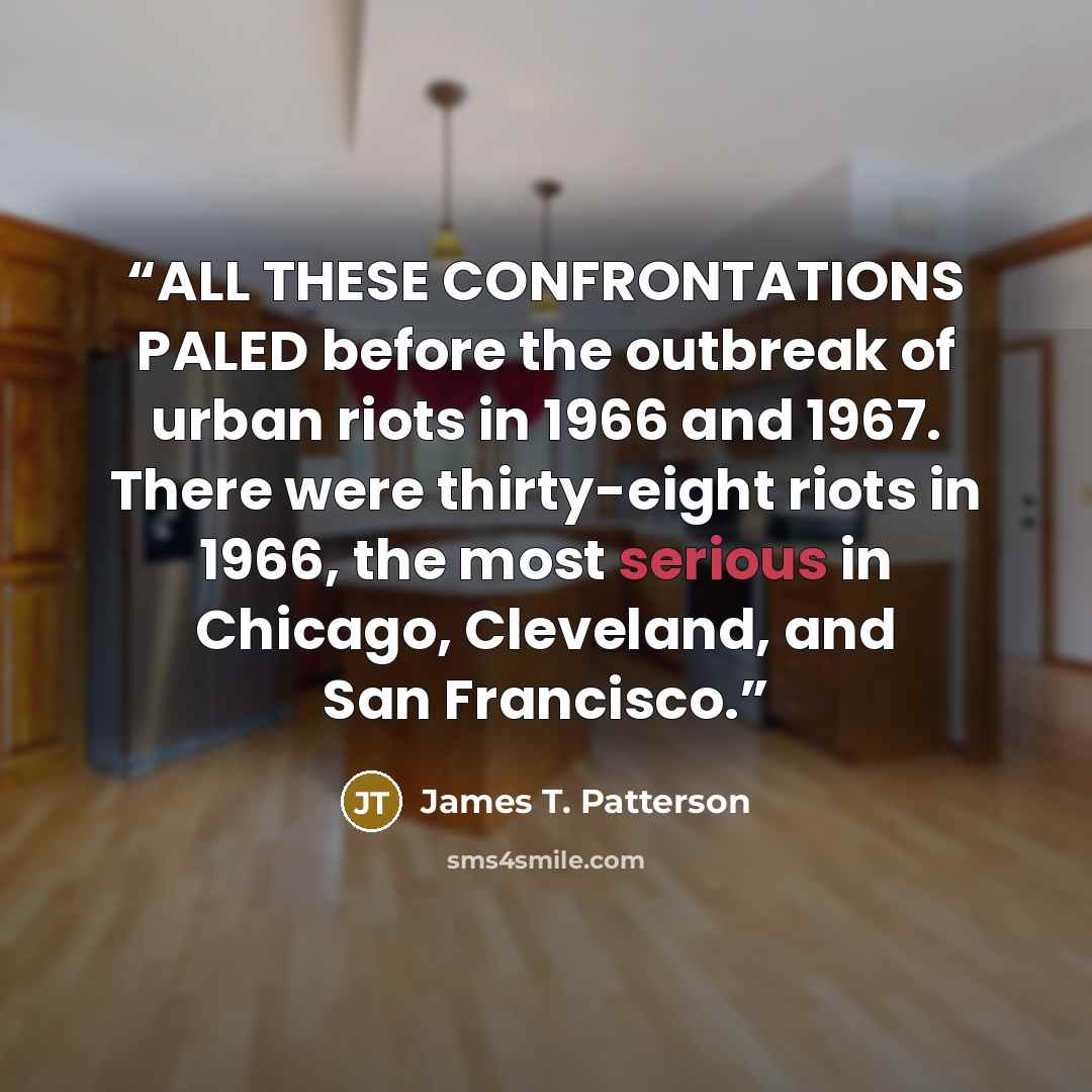 “ALL THESE CONFRONTATIONS PALED before the outbreak of urban riots in 1966 and 1967. There were thirty-eight riots in 1966, the most serious in Chicago, Cleveland, and San Francisco.” quote by James T. Patterson
