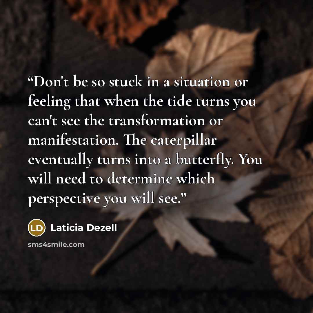 “Don't be so stuck in a situation or feeling that when the tide turns you can't see the transformation or manifestation. The caterpillar eventually turns into a butterfly. You will need to determine which perspective you will see.” quote by Laticia Dezell